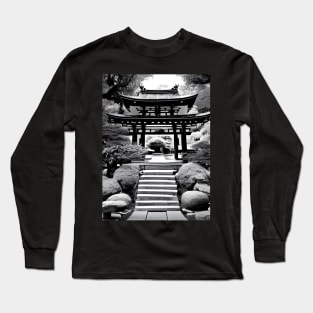 Japanese garden with shrine, black and white Long Sleeve T-Shirt